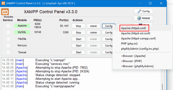 Menu Apache no XAMPP (httpd.conf)