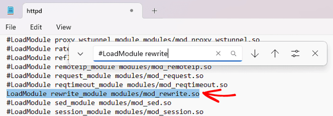 在 httpd.conf 文件上查找 rewrite_module