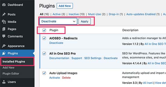 Desativar todos os plug-ins do WordPress