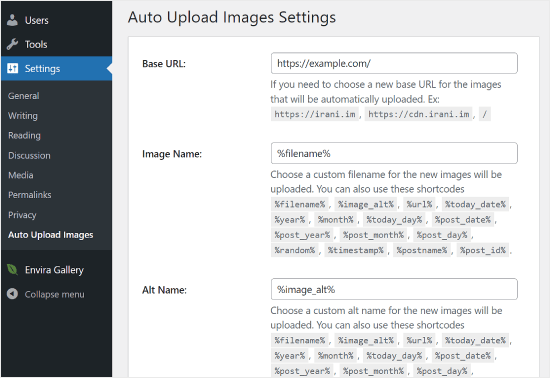 Auto Upload Image Plugin Settings