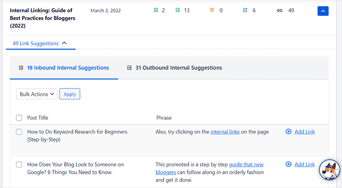 Exemplo de assistente de ligação interna AIOSEO