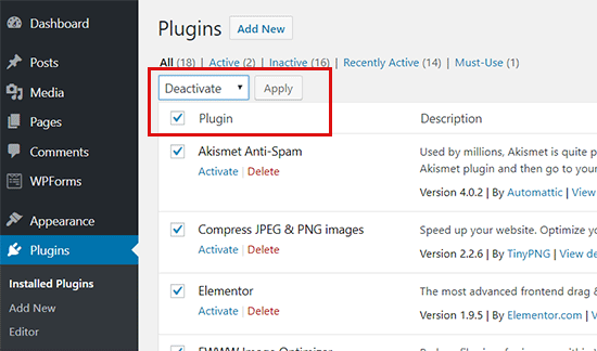 Deaktivieren Sie alle WordPress-Plugins