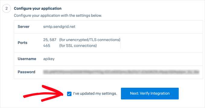 Marque la casilla de verificación para indicar que ha actualizado la configuración y, a continuación, pulse el botón para verificar