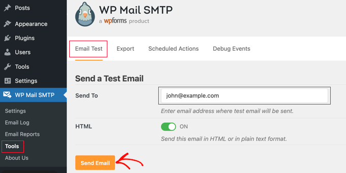 Envio de mensagens de correio eletrónico de teste utilizando o WP Mail SMTP