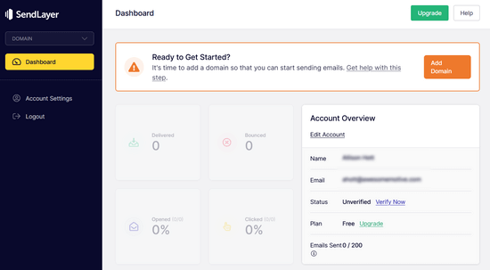 Painel de controlo do SendLayer