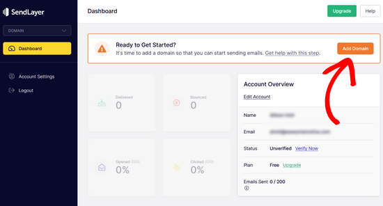 Pulse el botón Añadir dominio en el SendLayer.