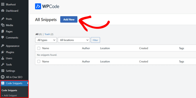 Cliquez sur "Add new code snippet" dans WPCode.