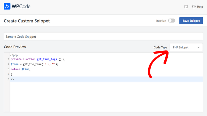 Paste the custom code snippet and select the code type