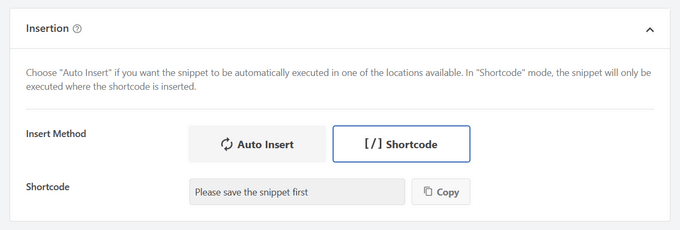 Selecting insertion options for code snippets