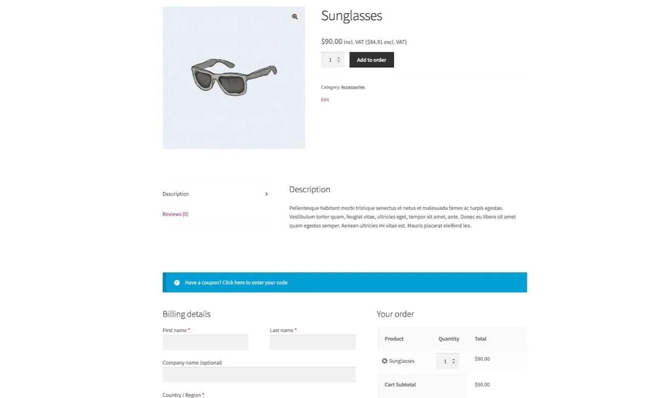 Sunglasses with a "coupon available" label on the product page.