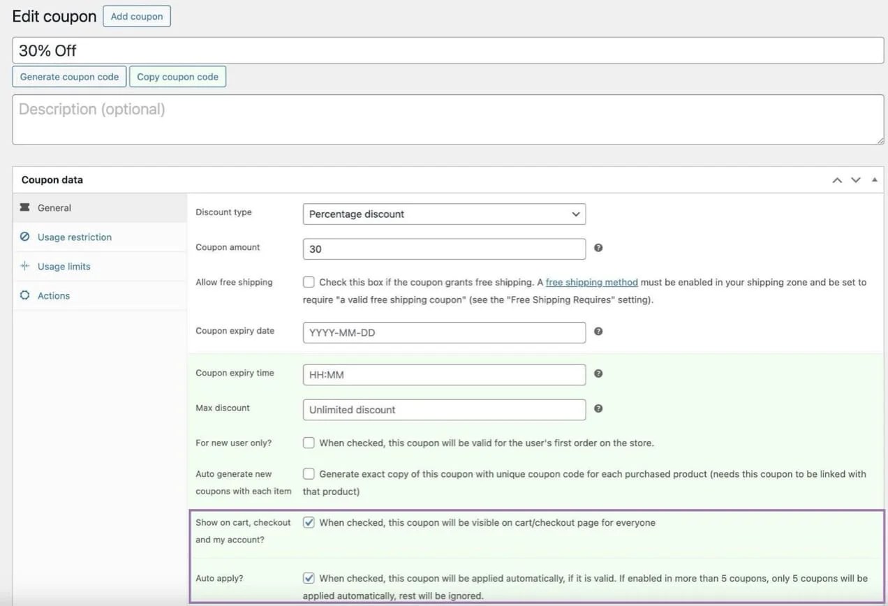 WooCommerceクーポンフィールドオプションが表示または自動的に適用されます。