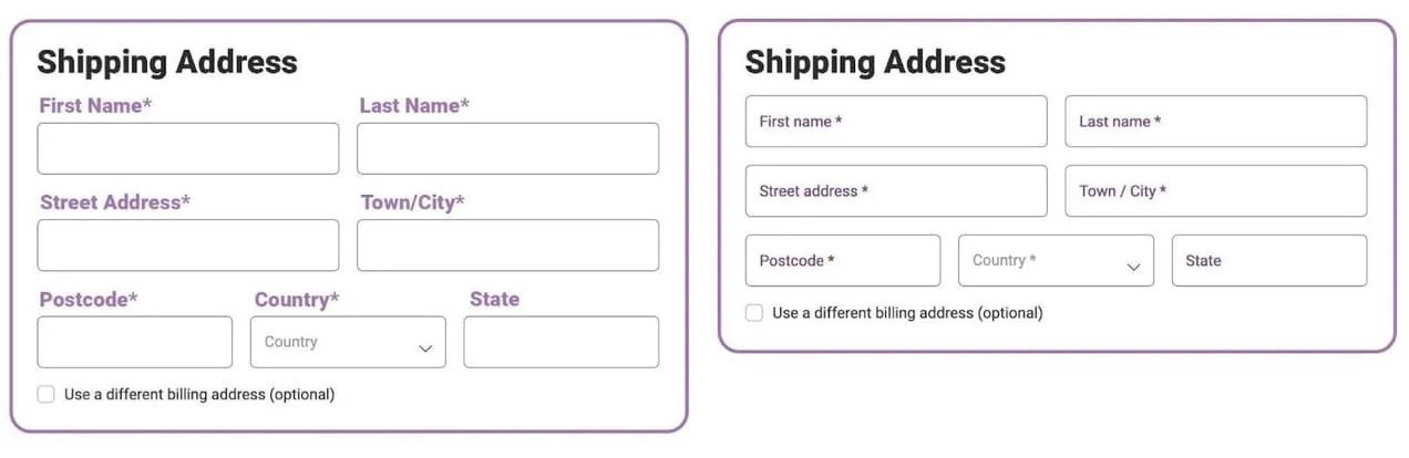 Formulaires d'informations d'expédition WooCommerce juxtaposés - l'un utilise des étiquettes de champ et l'autre des espaces réservés.