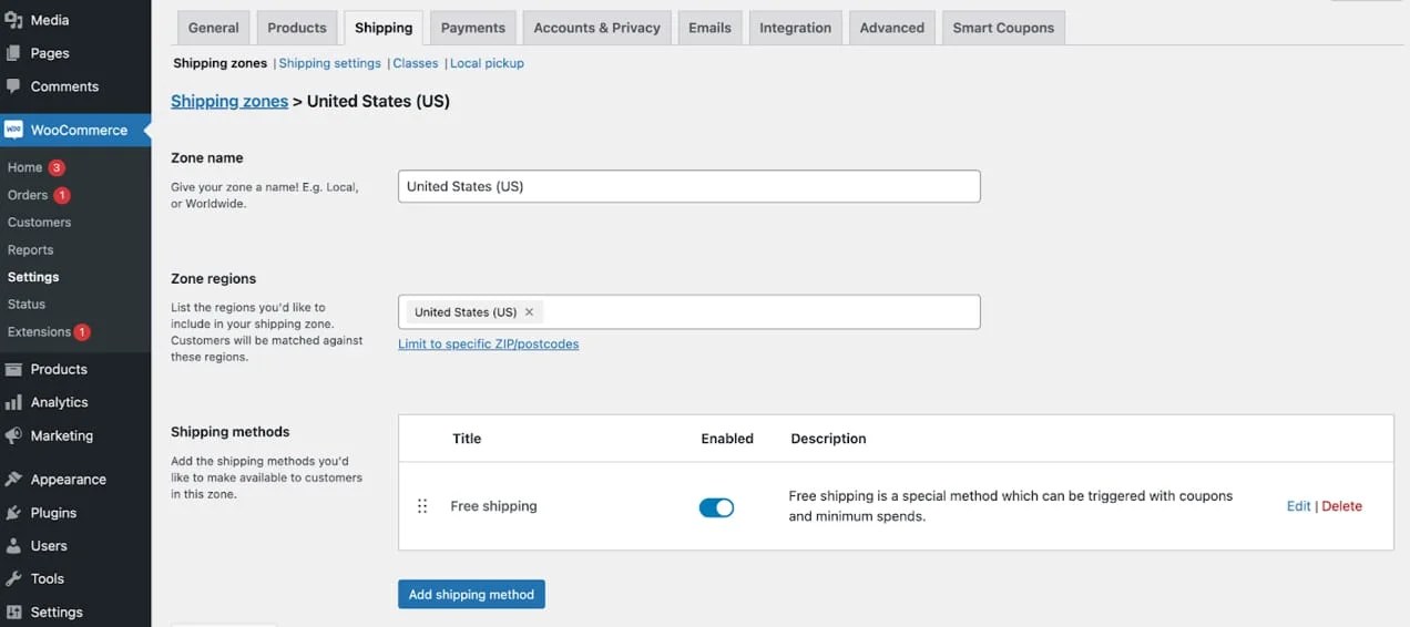 WooCommerce shipping settings in the WordPress dashboard.