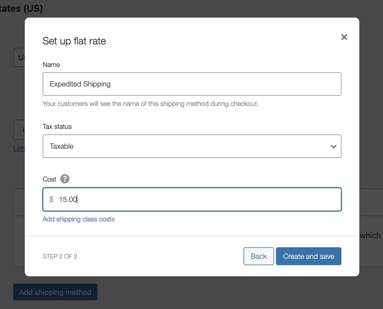 WooCommerce flat rate shipping settings for WordPress backend.