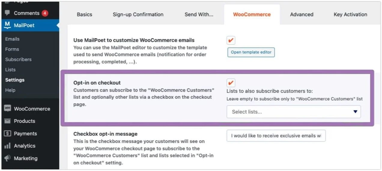 MailPoet Einstellungen WooCommerce Opt-In Anzeigeoptionen.