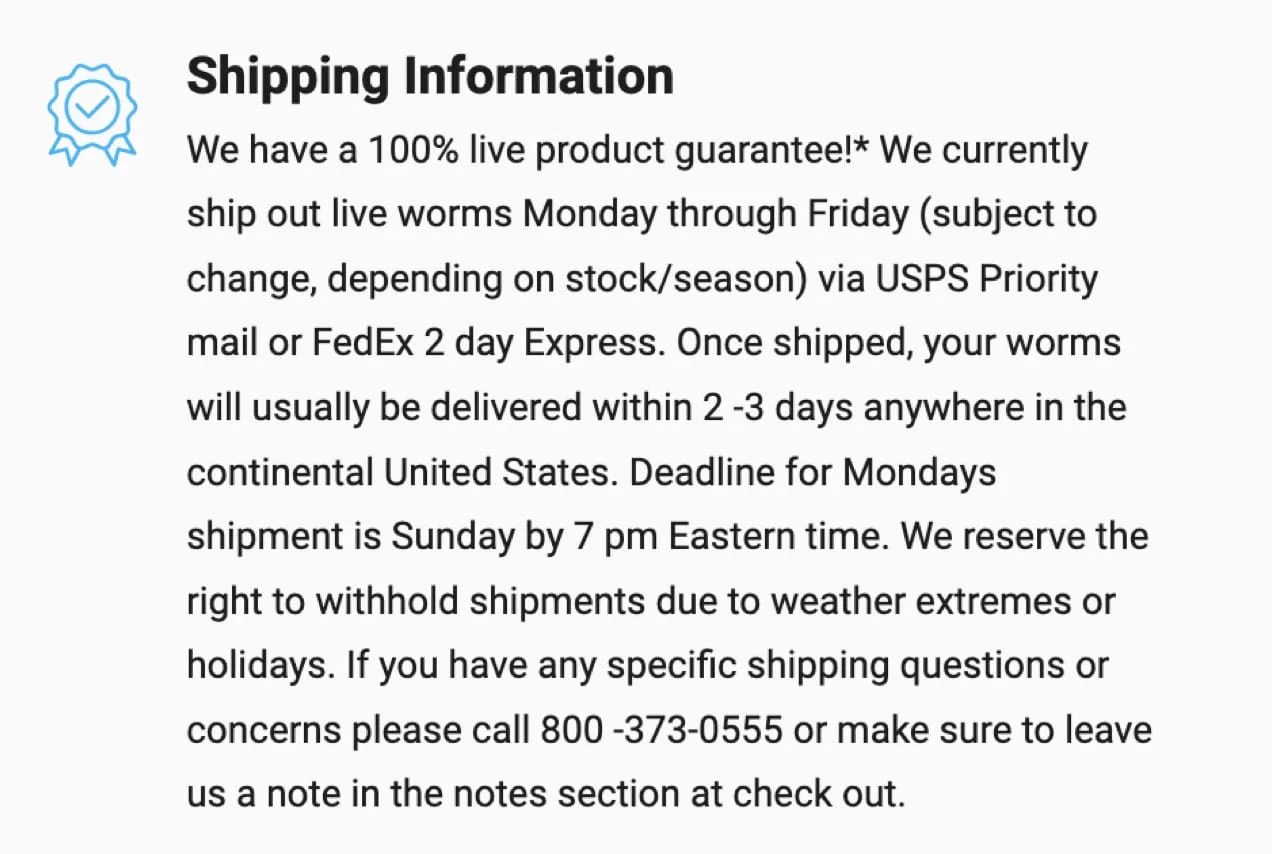 Customer-oriented shipping information with icons, headings and paragraphs.