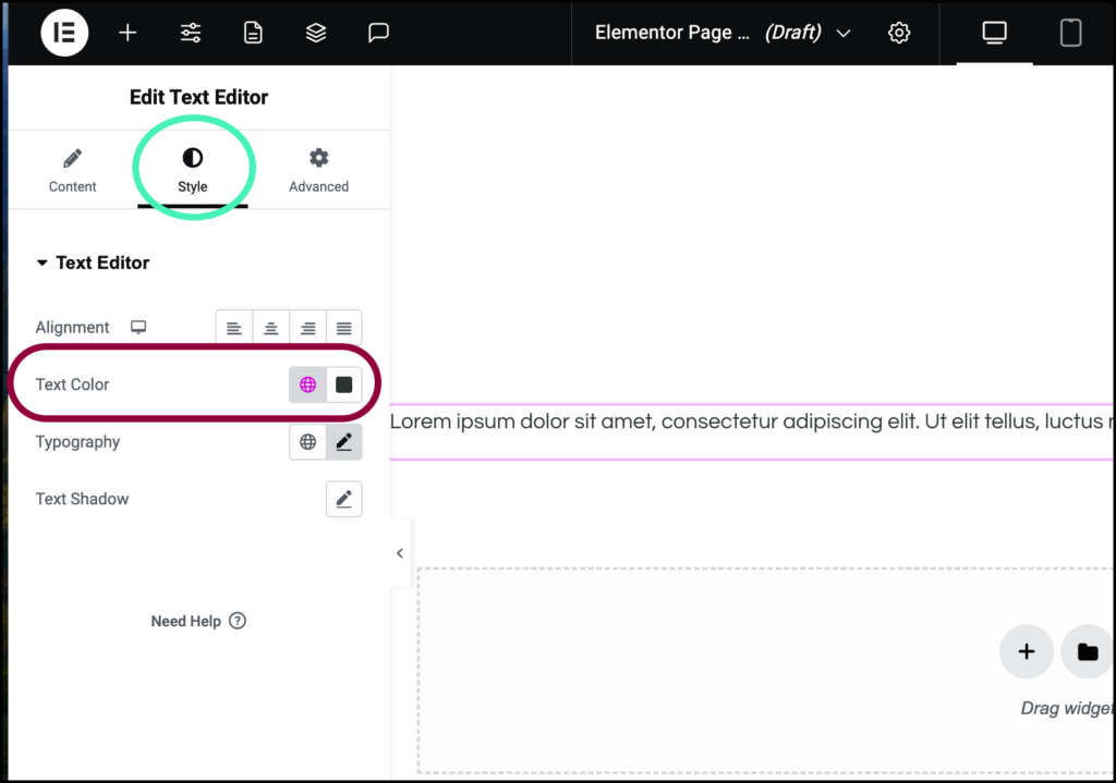 Cómo cambiar el color del texto y la configuración de la tipografía en Elementor