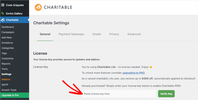 Añadir una clave de licencia WP Charitable