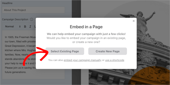 Select an existing page to embed a charity event