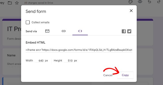 Copie o código de incorporação do Google Forms