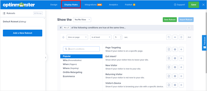 Display Rules tab in OptinMonster