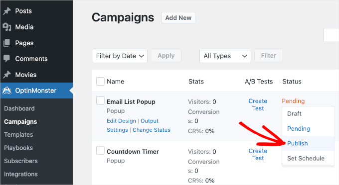 Changing the status of OptinMonster campaigns