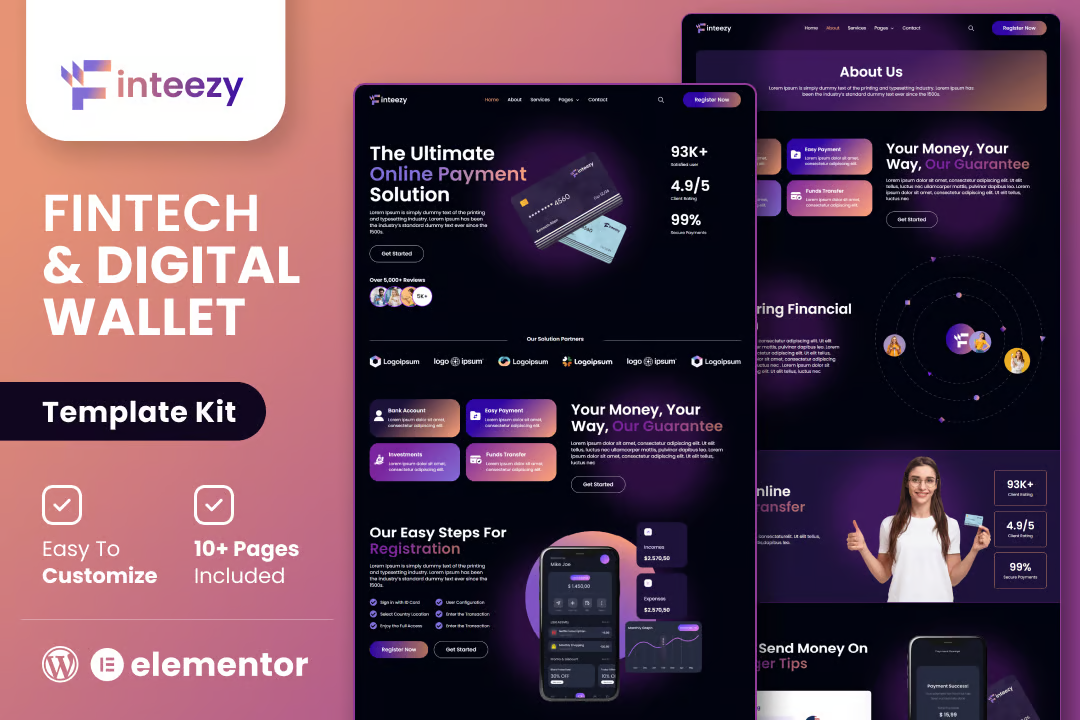 Finteezy – 金融科技初创 & 数字钱包 Elementor 模板套件-光子波动网-免费分享跨境知识和技术知识