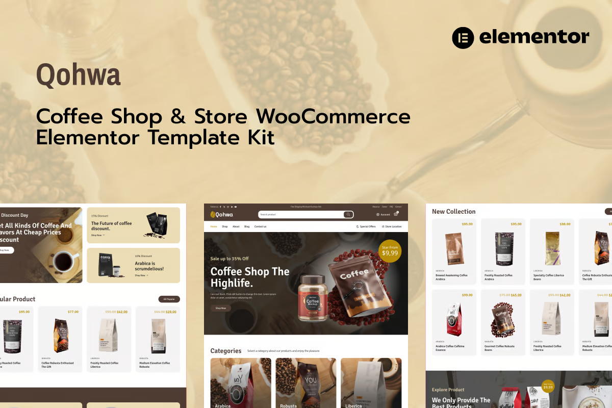 Qohwa - Coffee Shops & Stores Ecommerce Elementor Pro Template Suite - Photon Flux Network | Servicio profesional de reparación de WordPress, alcance global, respuesta rápida