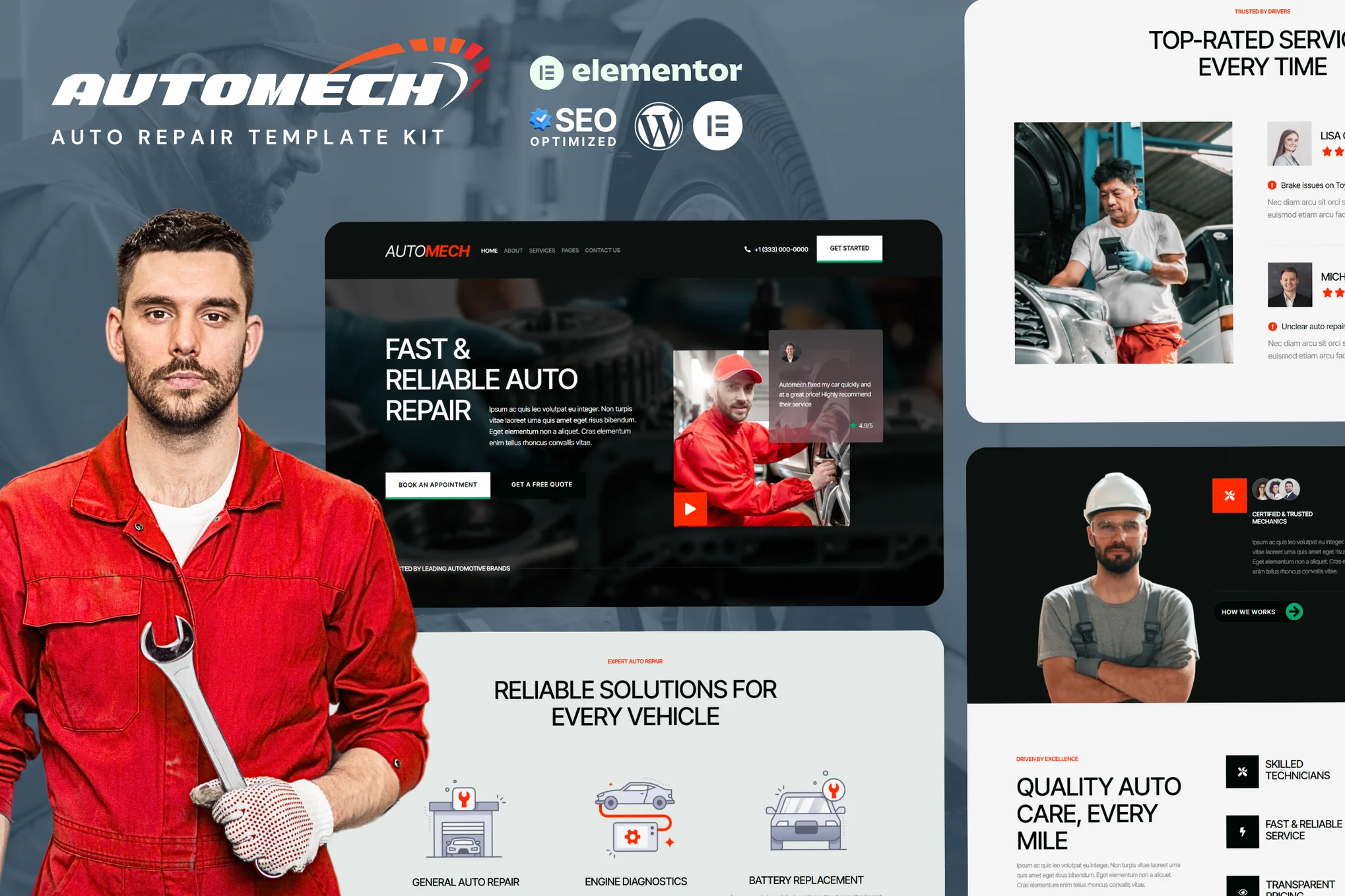 Automech - Auto Repair Service Elementor Template Kit - Photon Flux | Service de réparation professionnel sous WordPress, portée mondiale, réponse rapide