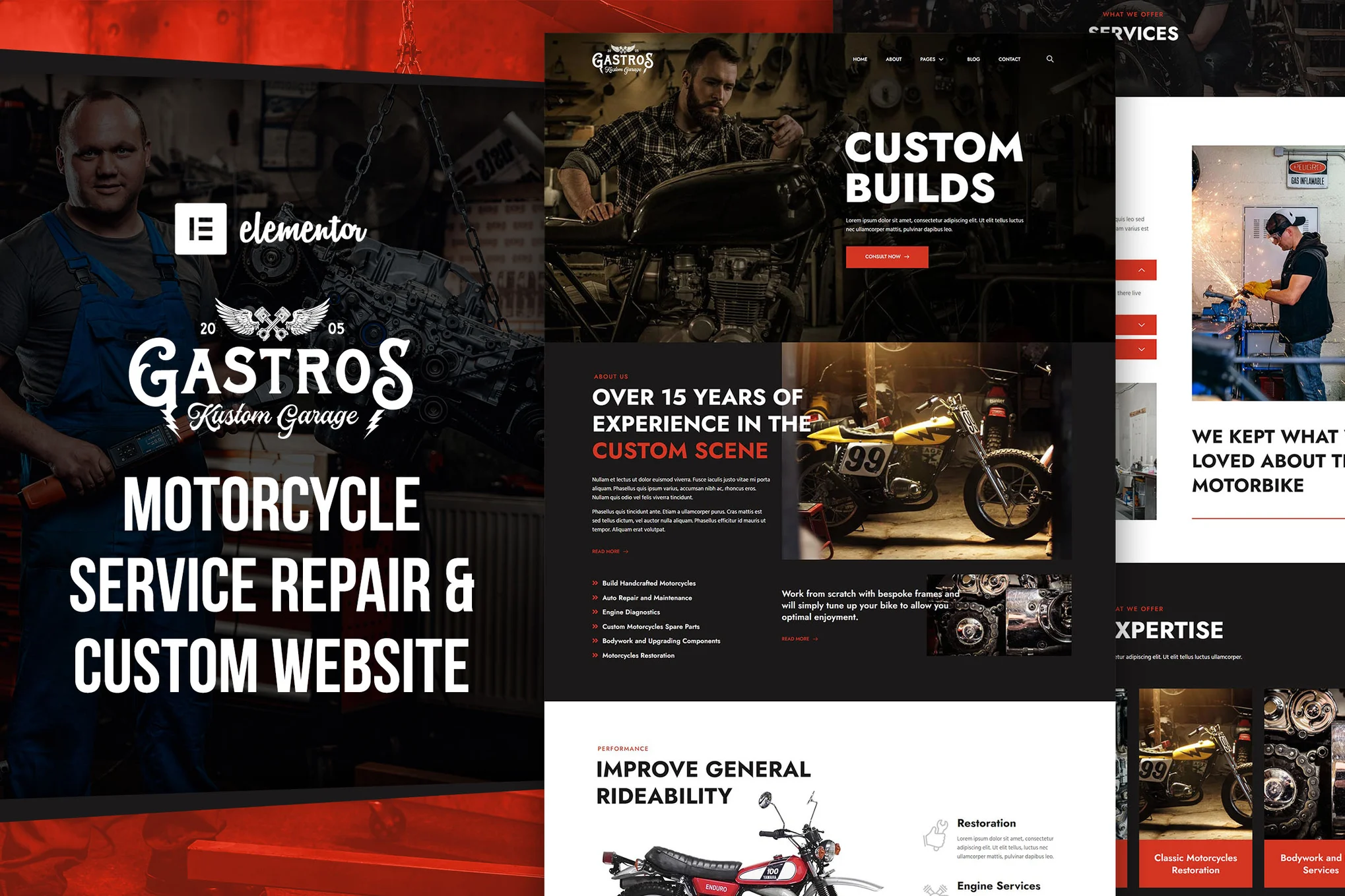 Gastros Garage - Motorcycle Service & Repair Elementor Template Pack - Photon Flux | Professional WordPress Repair Service, Global Reach, Quick Response