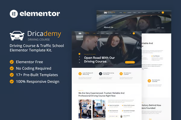 Dricademy - Driving Lessons & Traffic School Elementor Template Pack - Photon Fluctuation | Service professionnel de réparation de WordPress, portée mondiale, réponse rapide