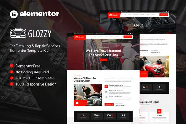 Glozzy - Car Detailing & Repair Service Elementor Template Pack - Photon Flux | Service de réparation professionnel sous WordPress, portée mondiale, réponse rapide