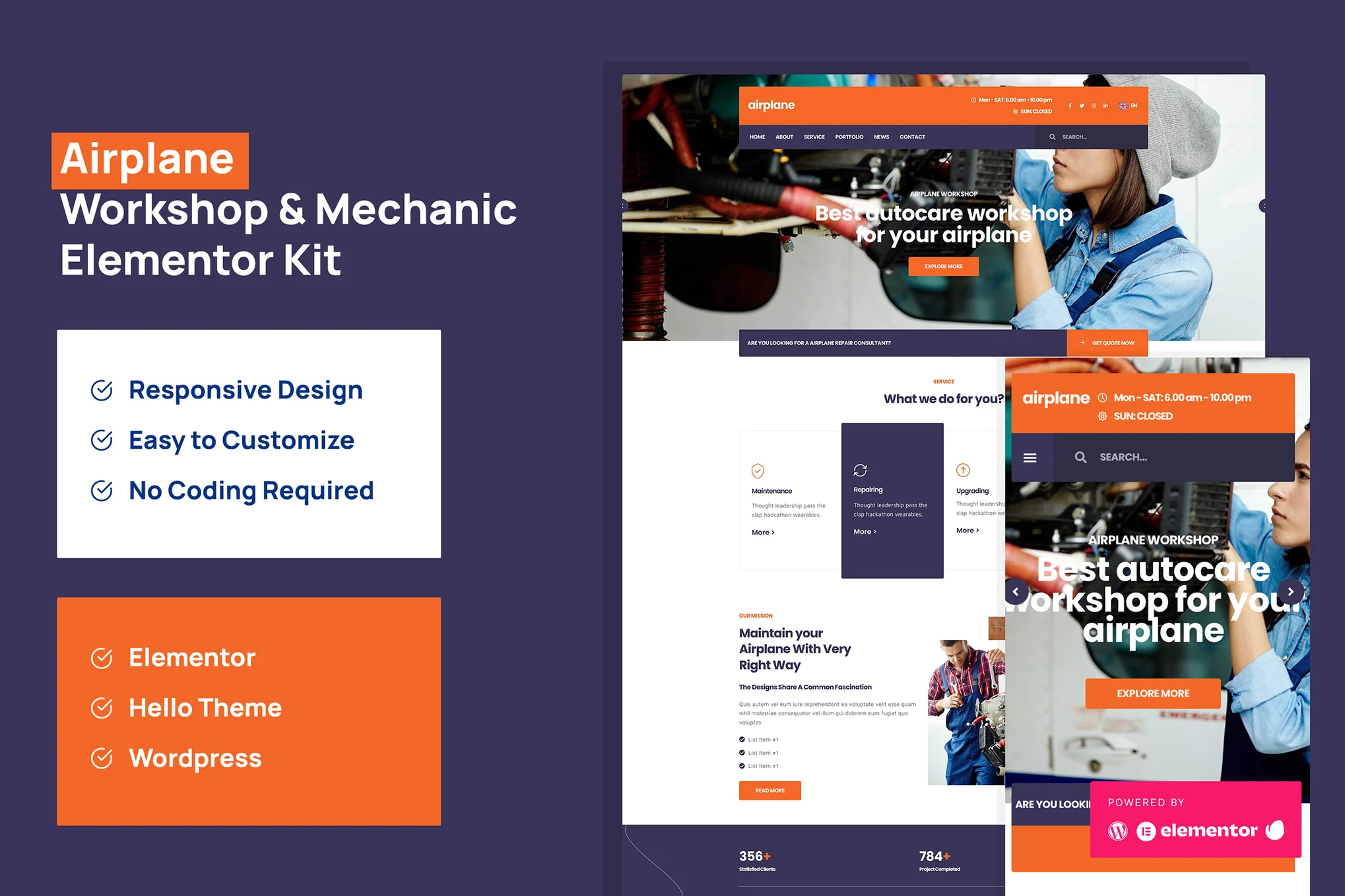 Airplane - Mechanical workshop Elementor template package - Photon Flux | Professional WordPress repair service, worldwide, fast response