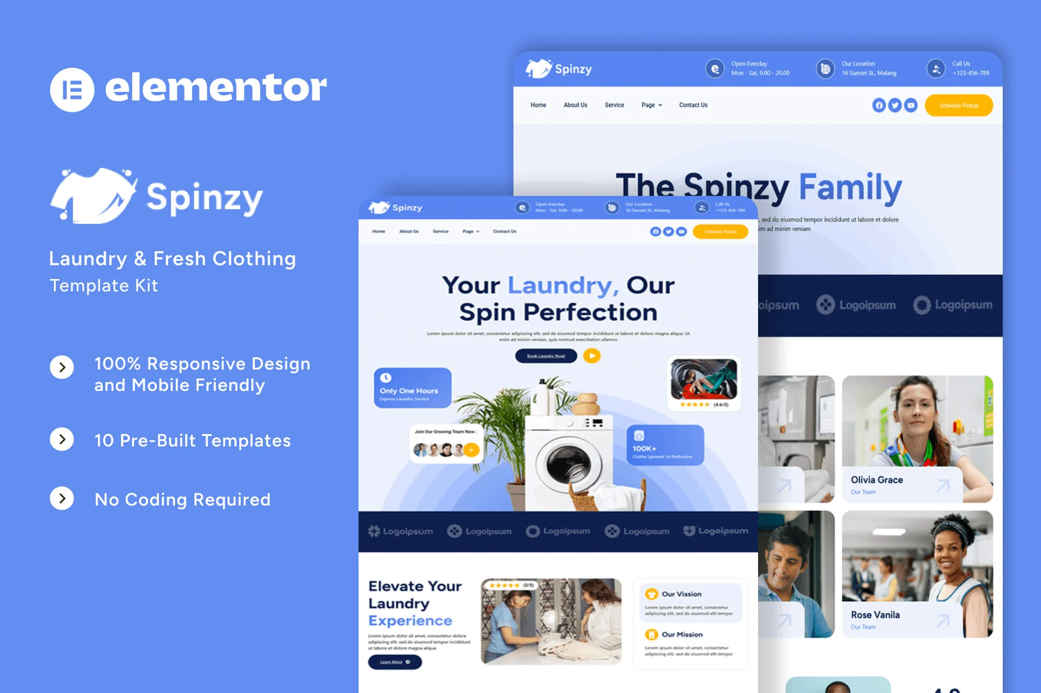 Spinzy - Laundry & Fresh Clothing Elementor Template Kit - Photon Flux.com | Servicio Profesional de Reparaciones de WordPress, Alcance Global, Respuesta Rápida