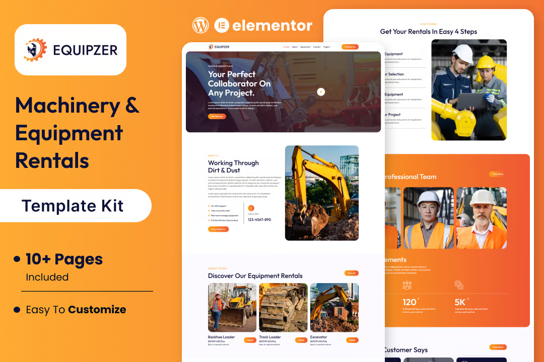 Equipzer - Machinery & Equipment Rental Elementor Template Pack - Photon Flux | Service de réparation WordPress professionnel, dans le monde entier, réponse rapide