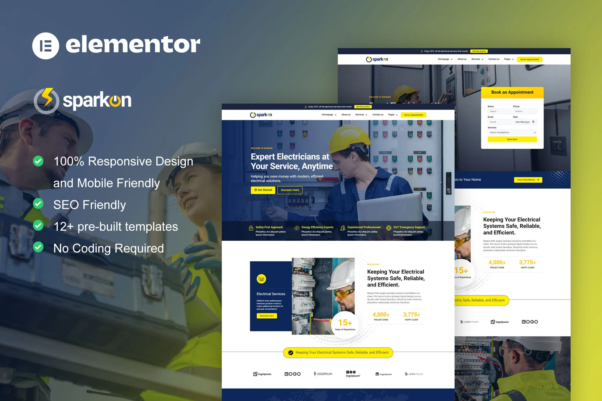 Sparkon - Electrical Installation and Maintenance Service Elementor Pro Template Pack - Photon Fluctuation Network | Professional WordPress Repair Services, Worldwide, Fast Response