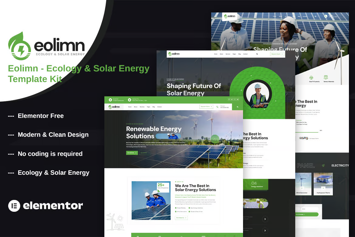 Eolimn - Eco & Solar Energy Elementor Template Suite - Photon Flux Network | Service professionnel de réparation de WordPress, dans le monde entier, réponse rapide