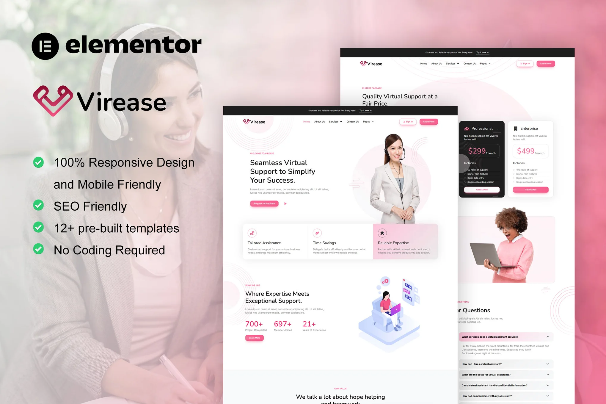 Virease - Virtual Assistant Service Elementor Pro Template Suite - Photon Fluctuation Network | Professional WordPress Repair Service, Worldwide, Fast Response