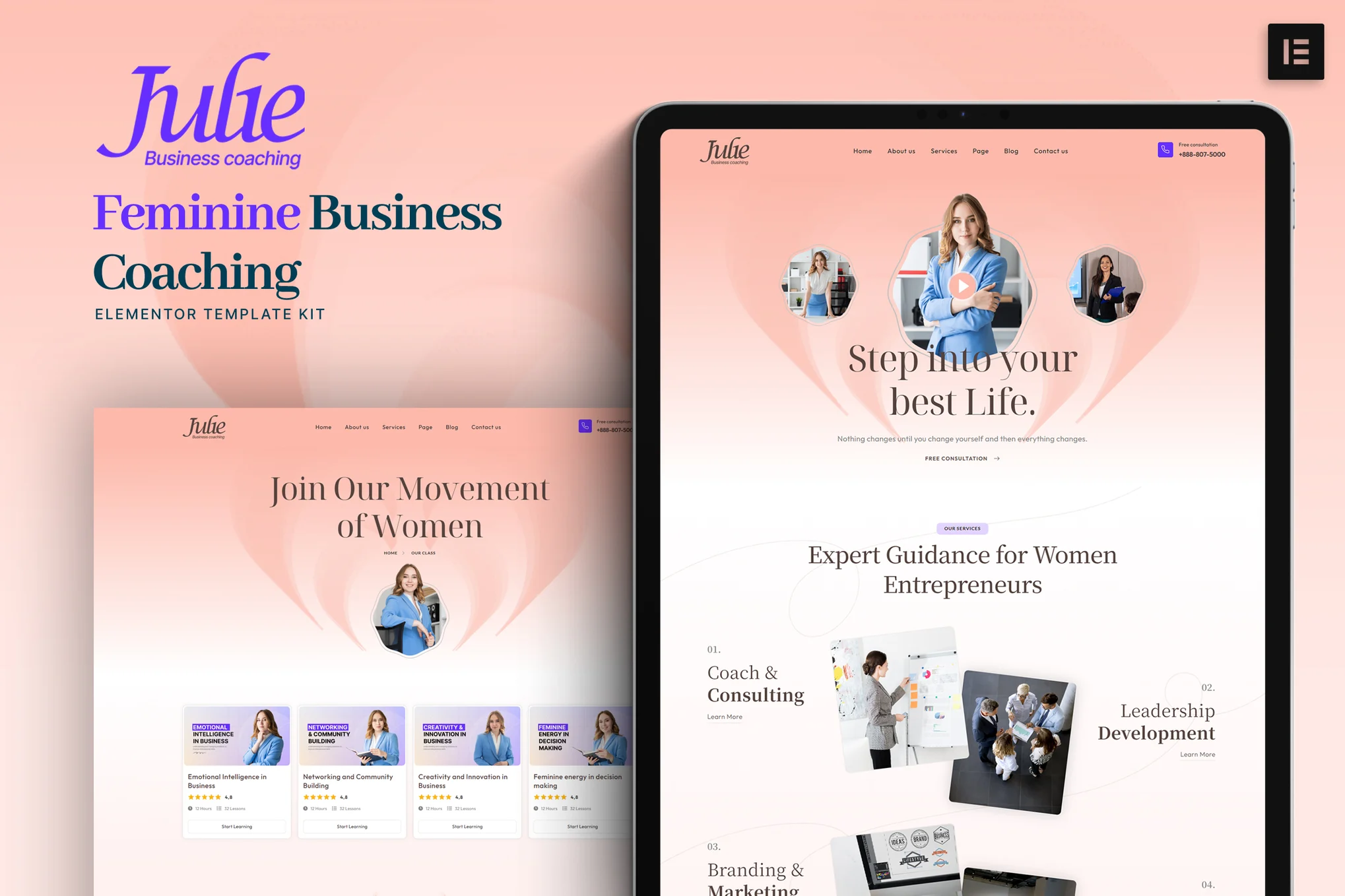 Julie - Women's Business Coach Elementor Template Suite - Photon Flux Network | Servicio profesional de reparación de WordPress, en todo el mundo, respuesta rápida